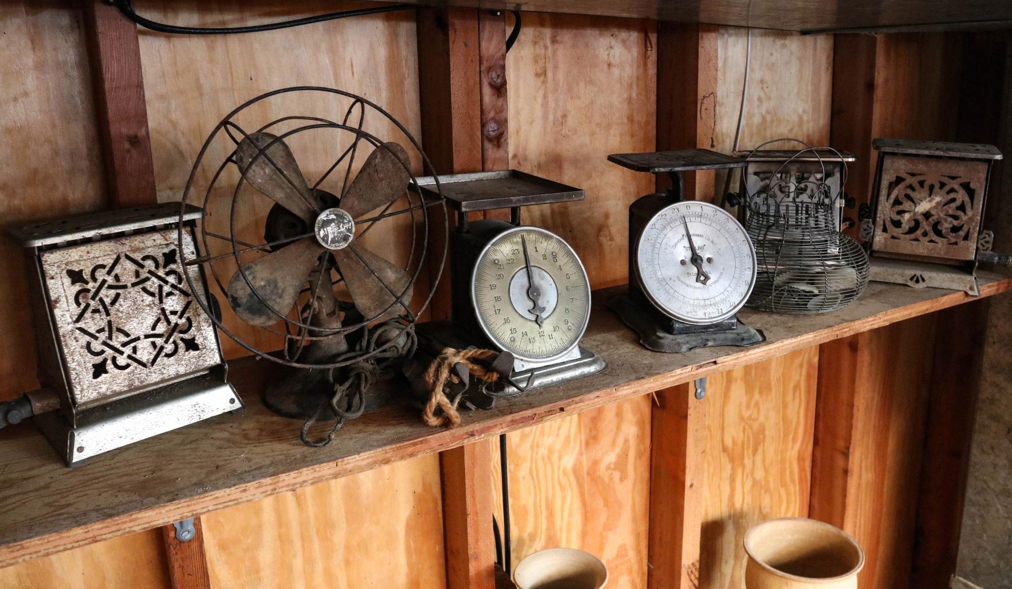 ANTIQUE FAN, SCALES, TOASTER