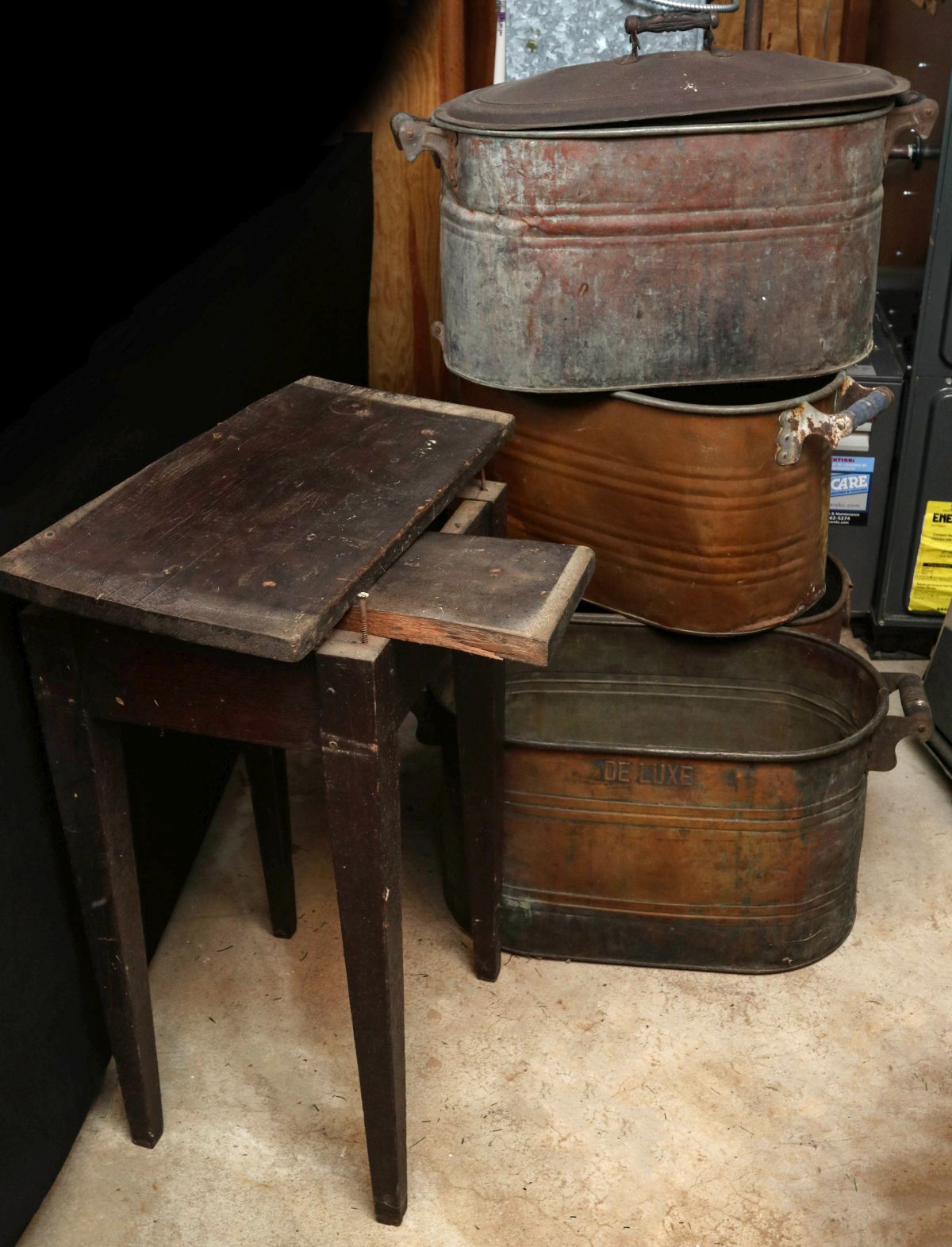 COPPER BOILERS AND 19TH C AMERICAN STAND TABLE