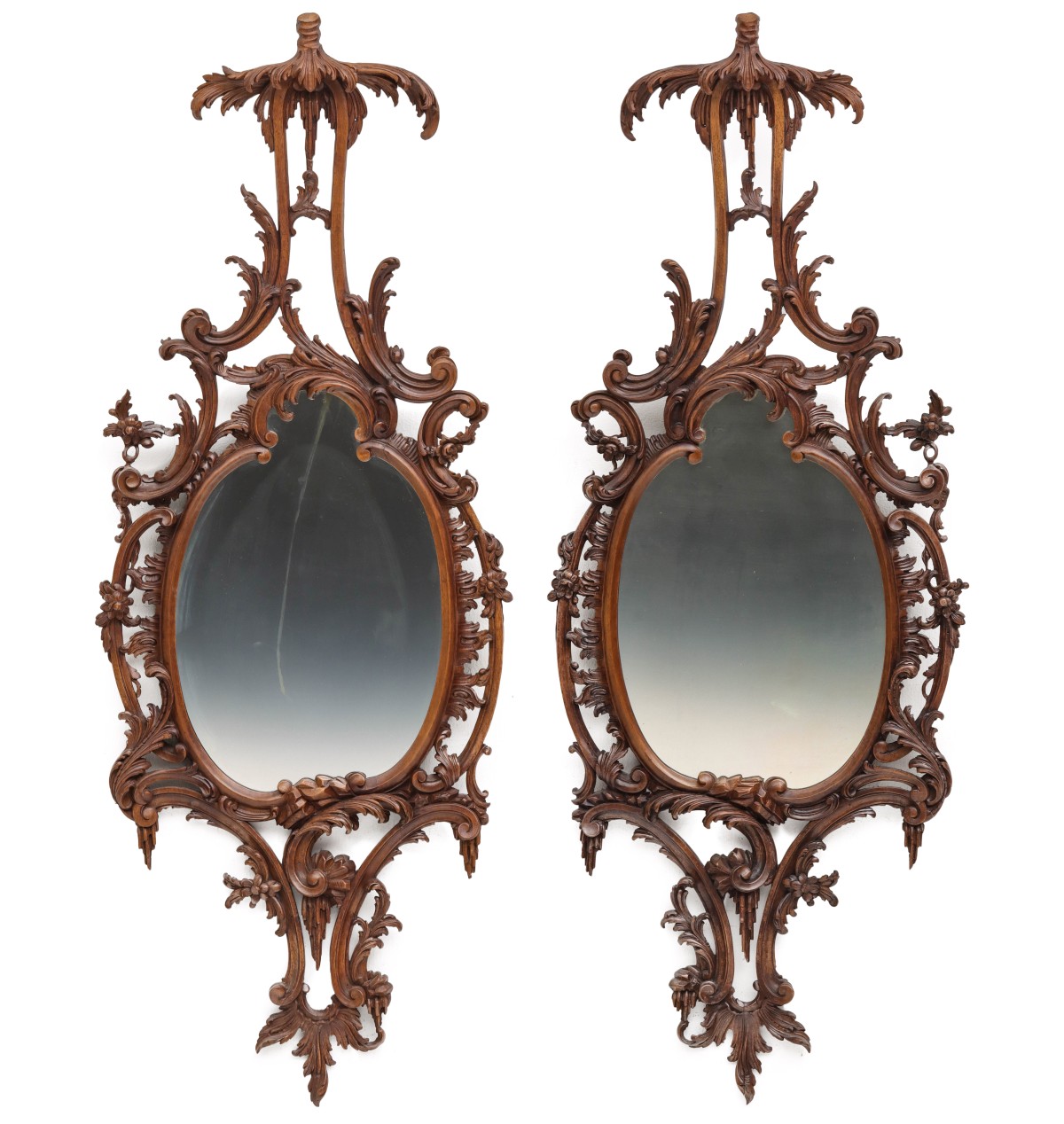 A FINE PAIR 19TH C. FRENCH CARVED WALNUT ROCOCO MIRRORS