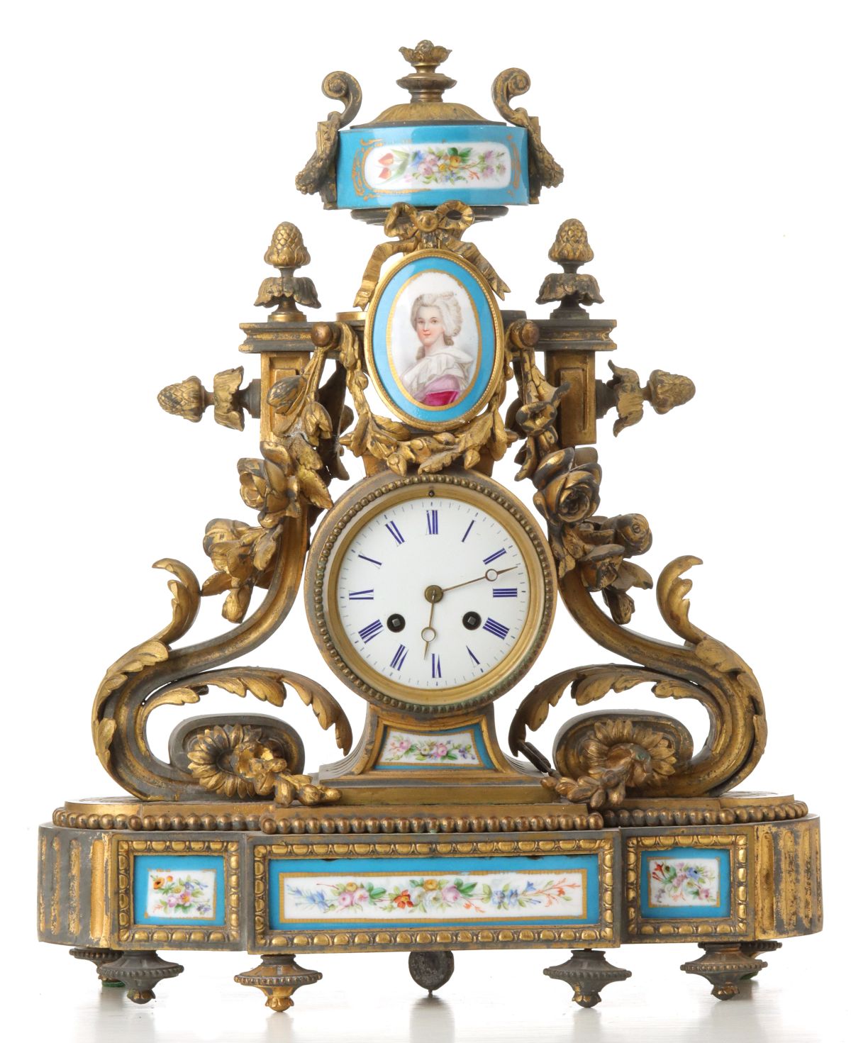 A 19TH C. FRENCH GILT BRONZE CLOCK WITH PORCELAIN