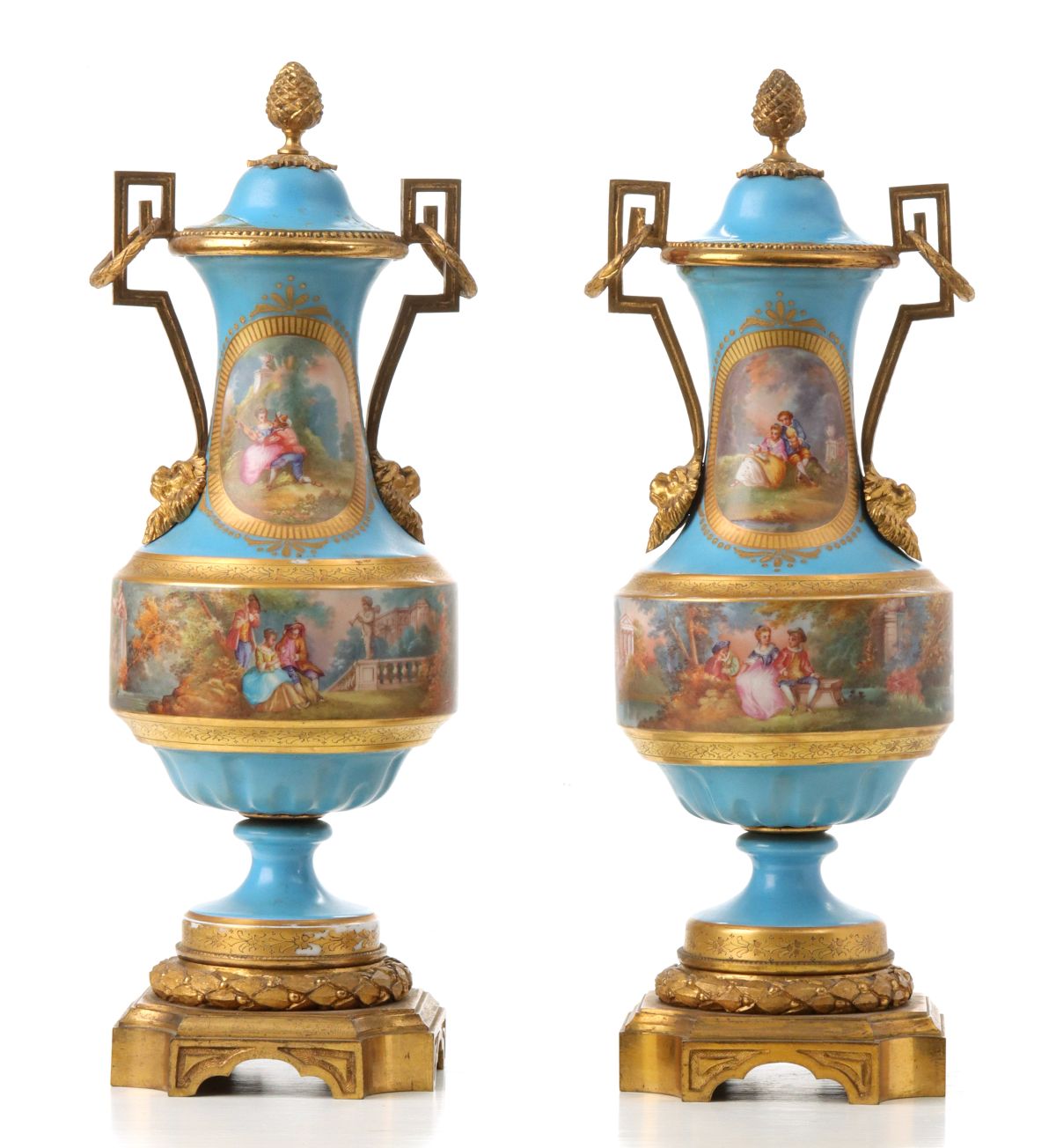 SEVRES STYLE FRENCH PORCELAIN AND GILT BRONZE URNS