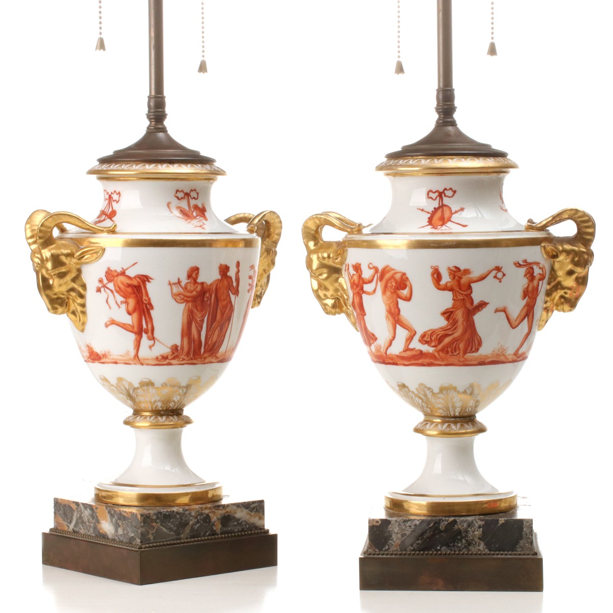 A PAIR OF PARIS PORCELAIN URNS, NOW TABLE LAMPS