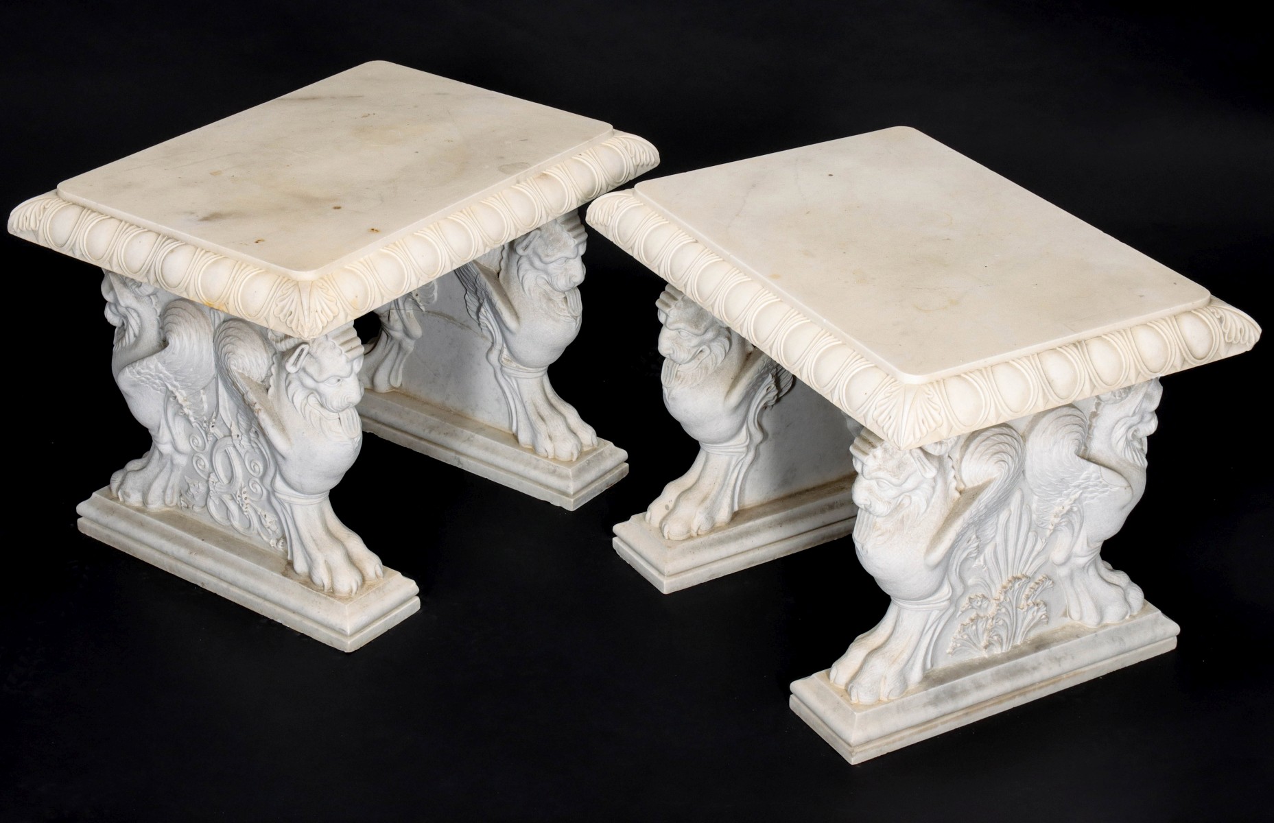 A PAIR EARLY 20C NEOCLASSICAL CARVED MARBLE BENCHES
