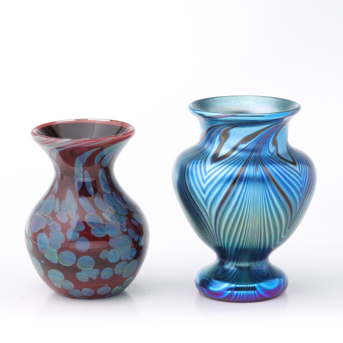 TWO ORIENT AND FLUME ART GLASS CABINET VASES