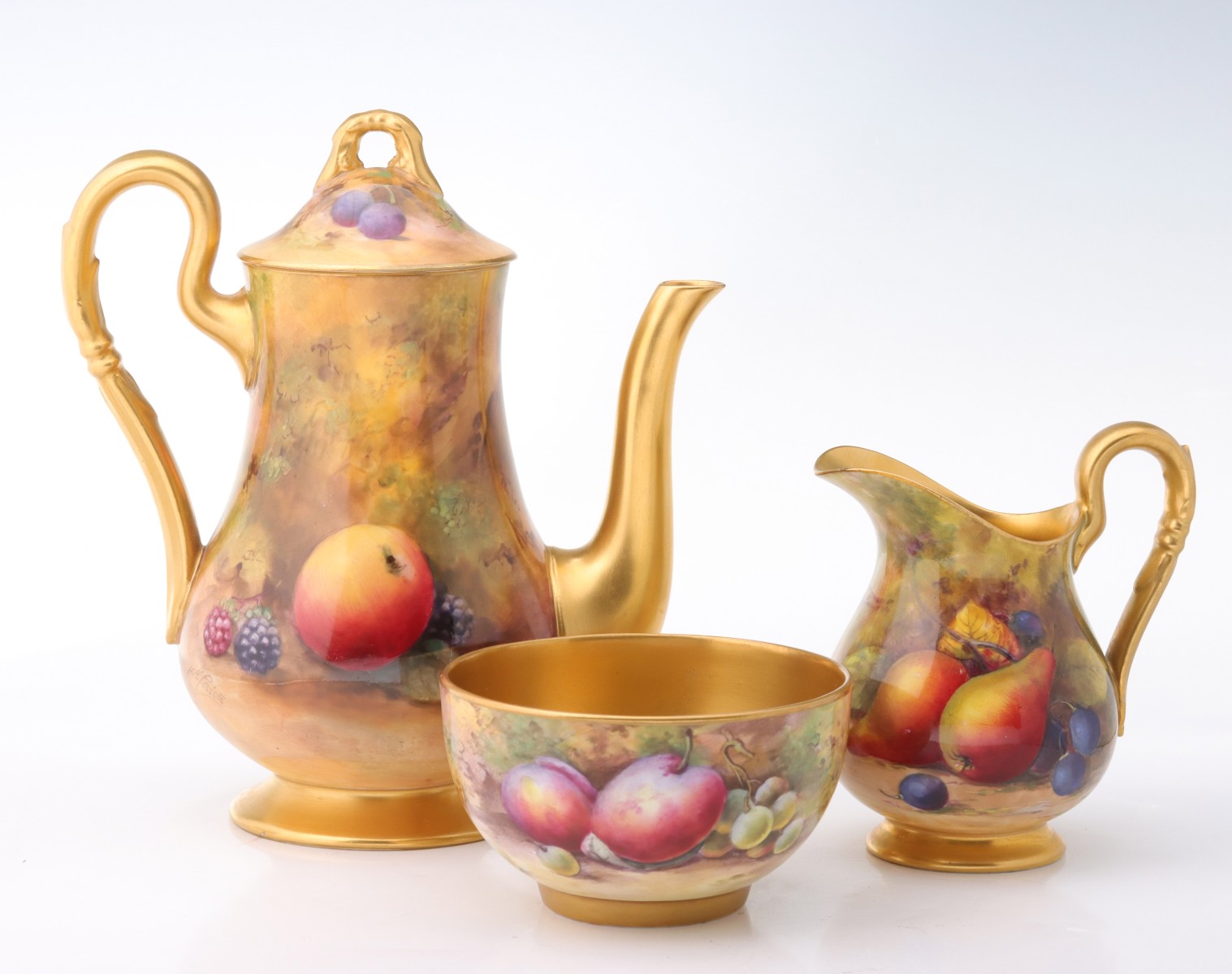 ROYAL WORCESTER 'PAINTED FRUIT' THREE PIECE COFFEE SET