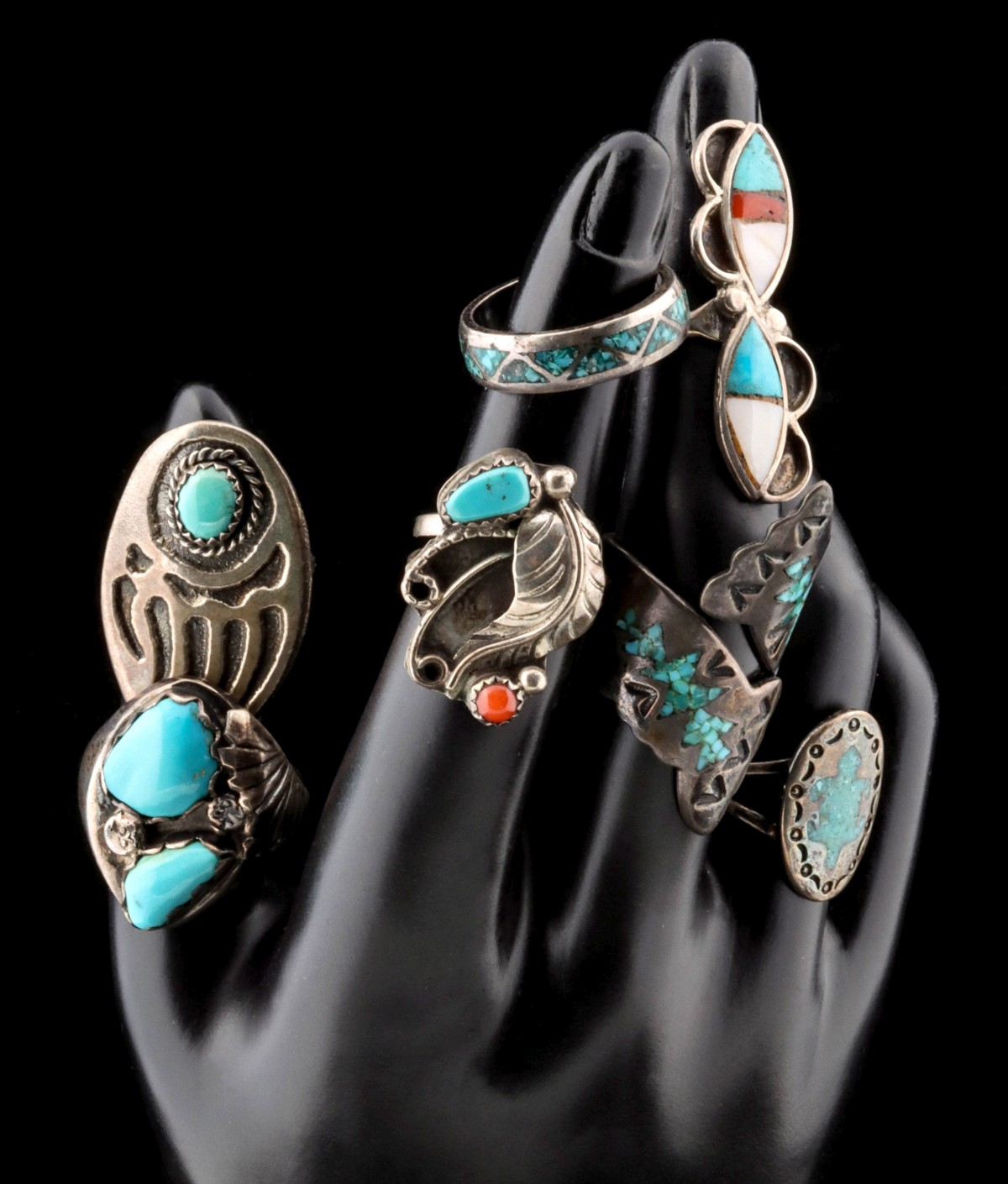 ZUNI AND NAVAJO STERLING SILVER & TURQUOISE RINGS
