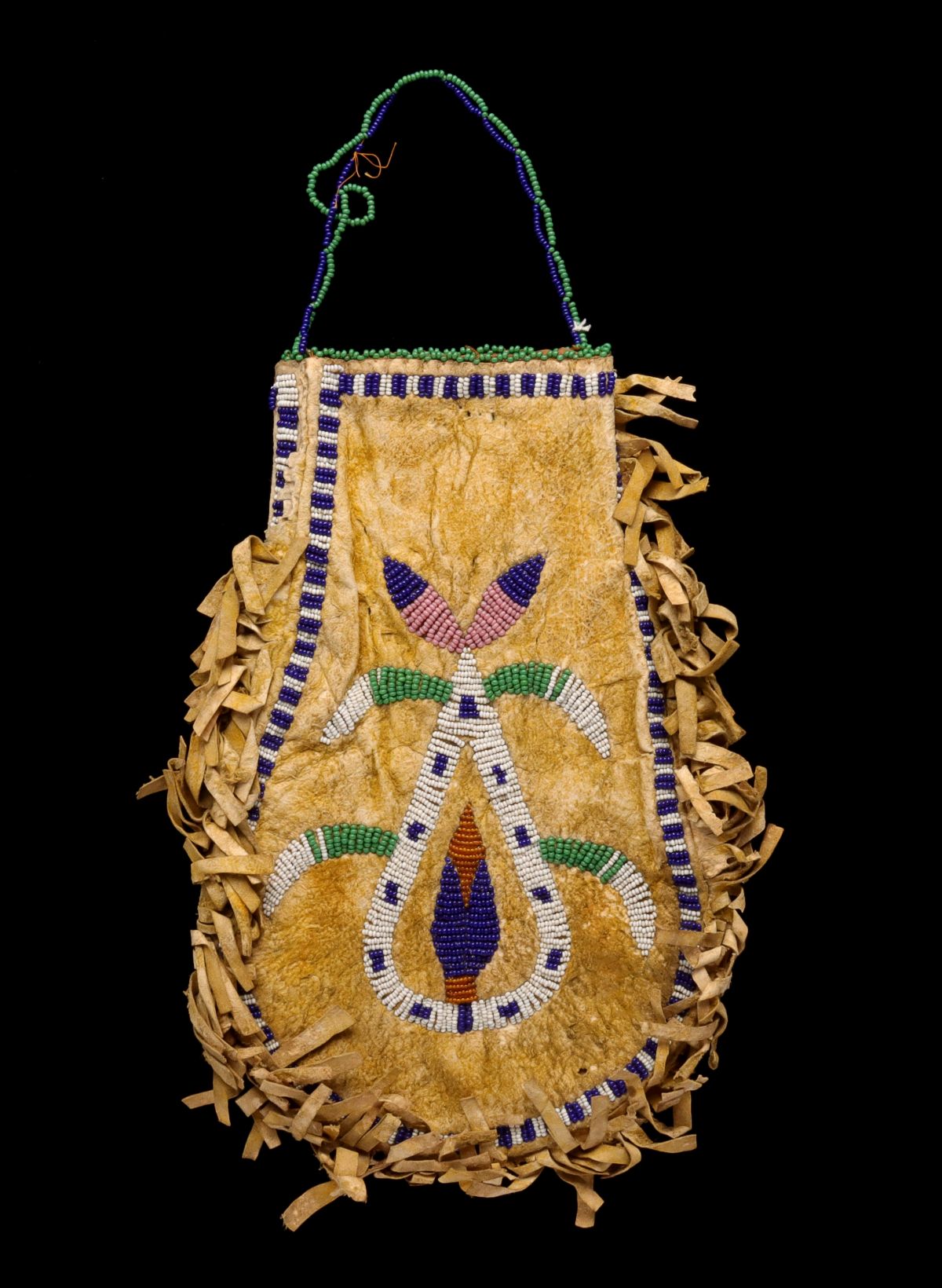 A SANTEE SIOUX HIDE POUCH BEADED TWO SIDES C. 1900
