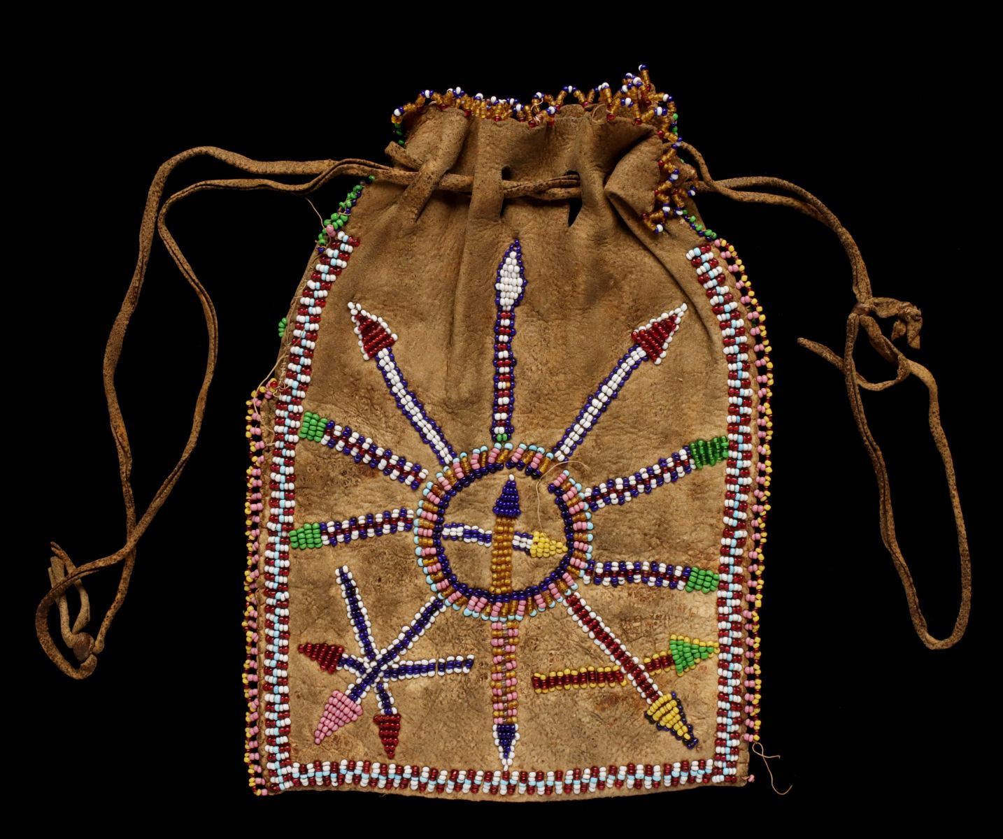AN APACHE HIDE POUCH BEADED TWO SIDES C. 1910
