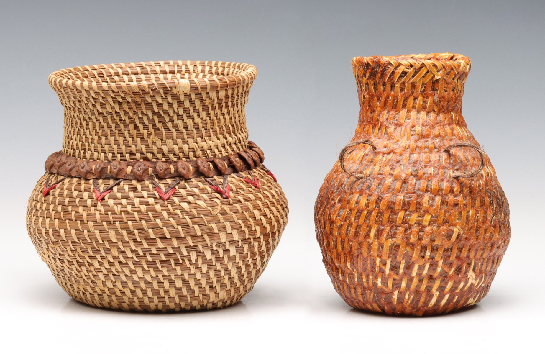 A LORENA LANGLEY PINE NEEDLE BASKET, PLUS ANOTHER