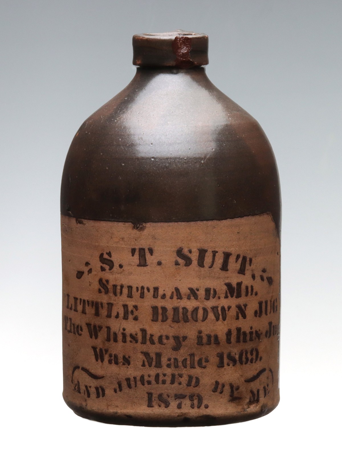 S.T. SUIT SUITLAND MD LITTLE BROWN WHISKEY JUG 1879