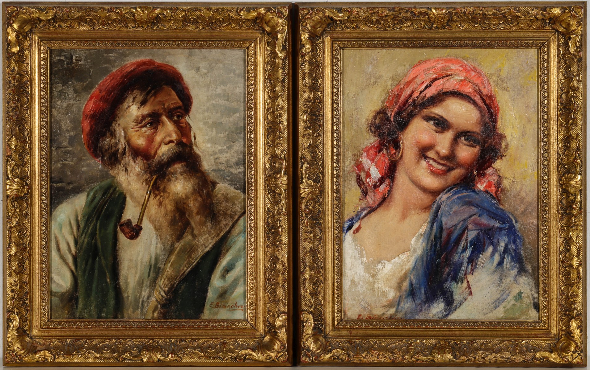 E. BIANCHINI (EARLY 20TH C) OIL ON CANVAS PORTRAITS (2)