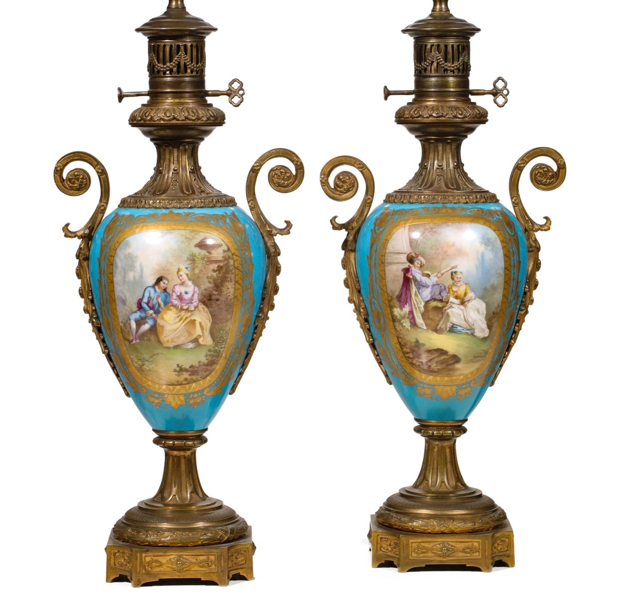 SEVRES STYLE BRONZE MOUNTED FRENCH PORCELAIN AS LAMPS
