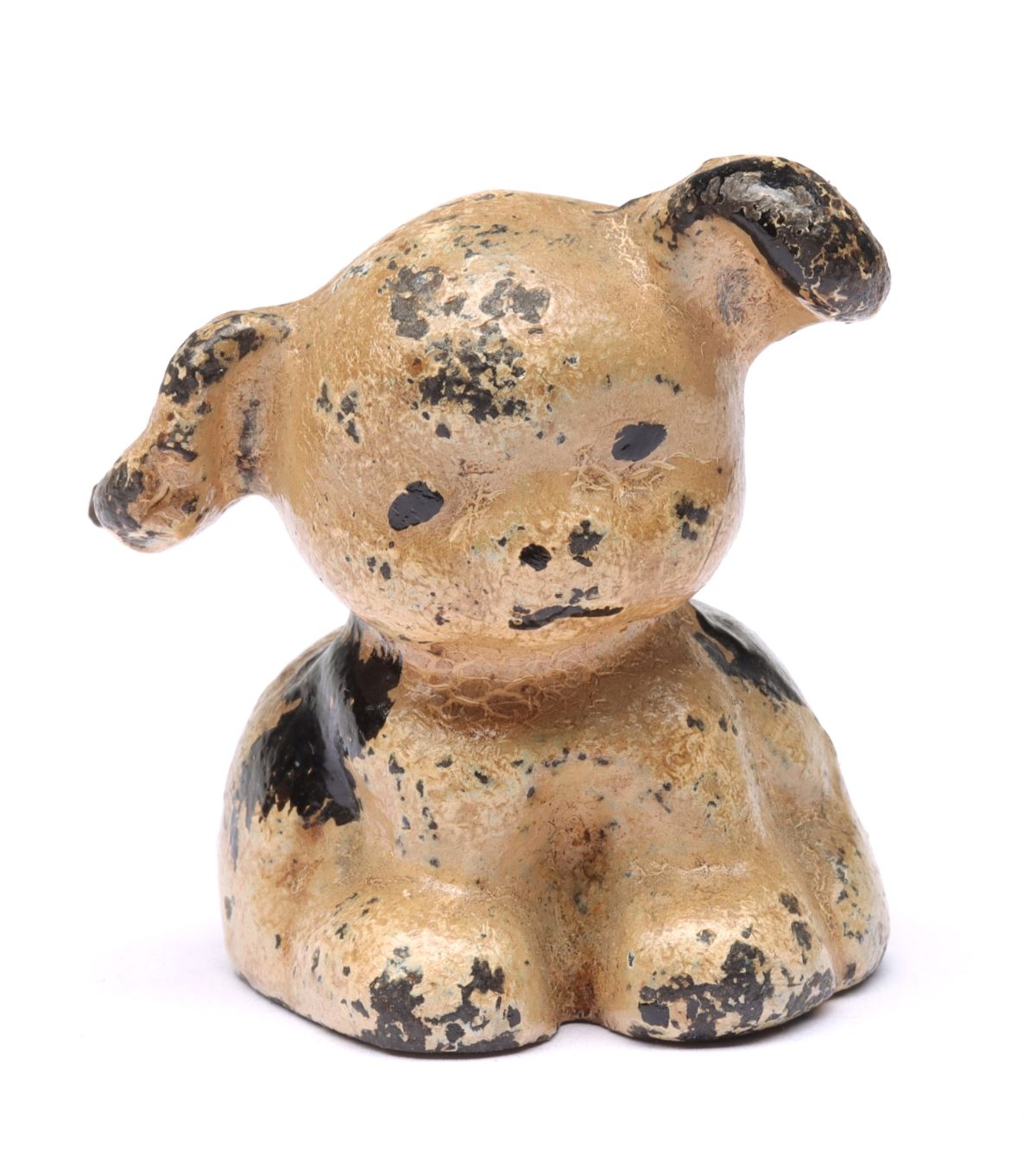 A FIGURAL PUP CAST IRON ADVERTISING PAPERWEIGHT