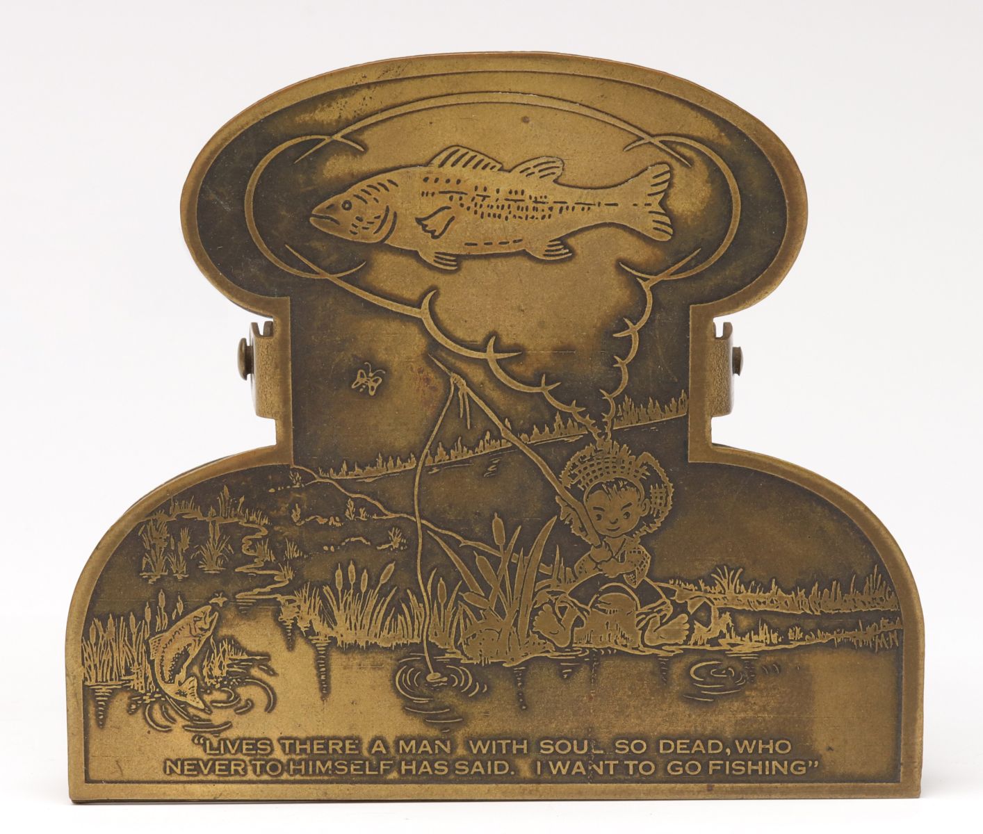 A FISHING THEME PICTORIAL BRASS BILL CLIP C. 1920