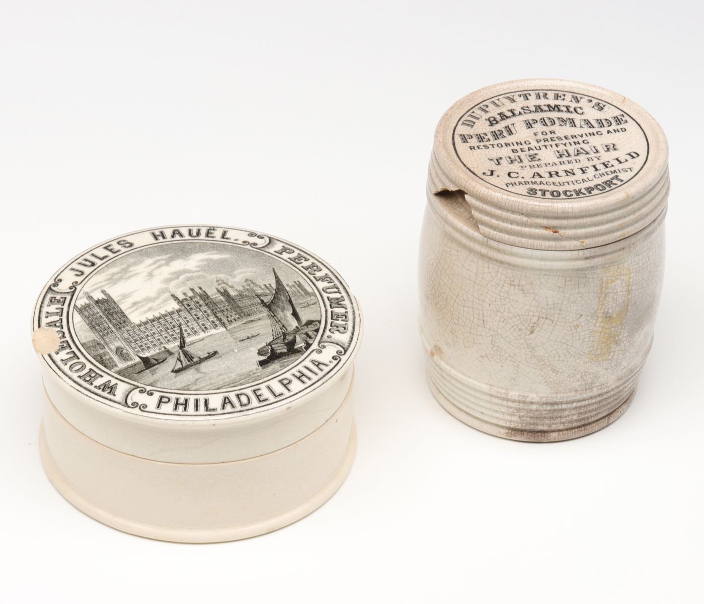 19TH C. STAFFORDSHIRE POTTERY POMADE AND PERFUME POTS