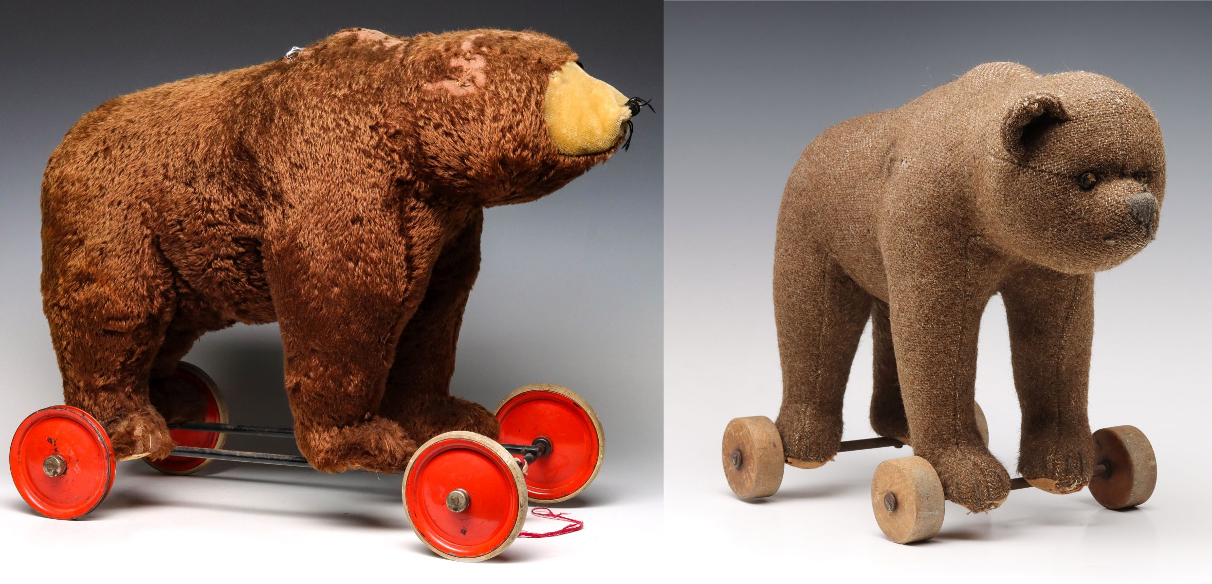 TWO VINTAGE BEARS ON WHEELS ATTRIBUTED TO STEIFF