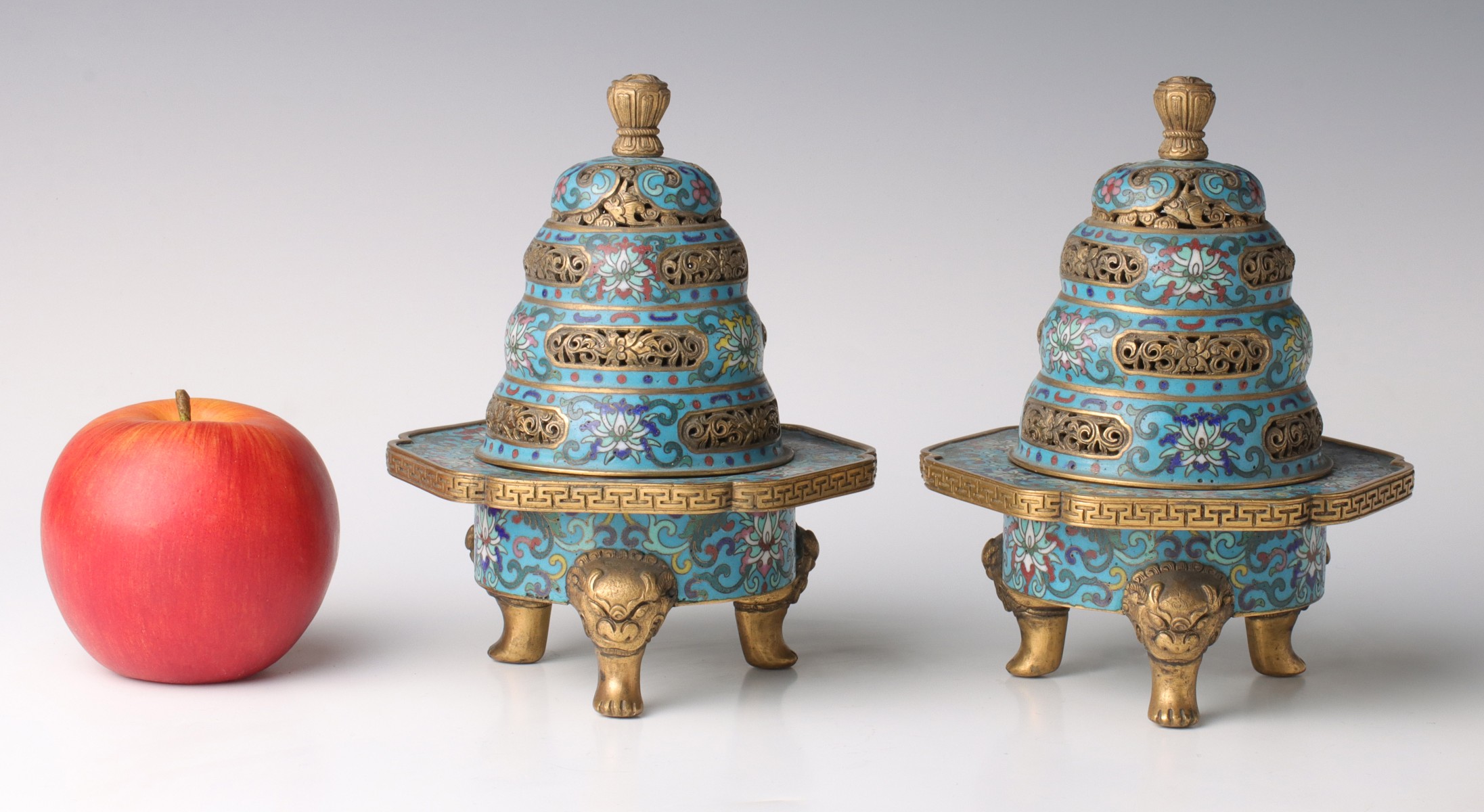 A PAIR MINIATURE 19TH CENTURY CHINESE CLOISONNE CENSORS