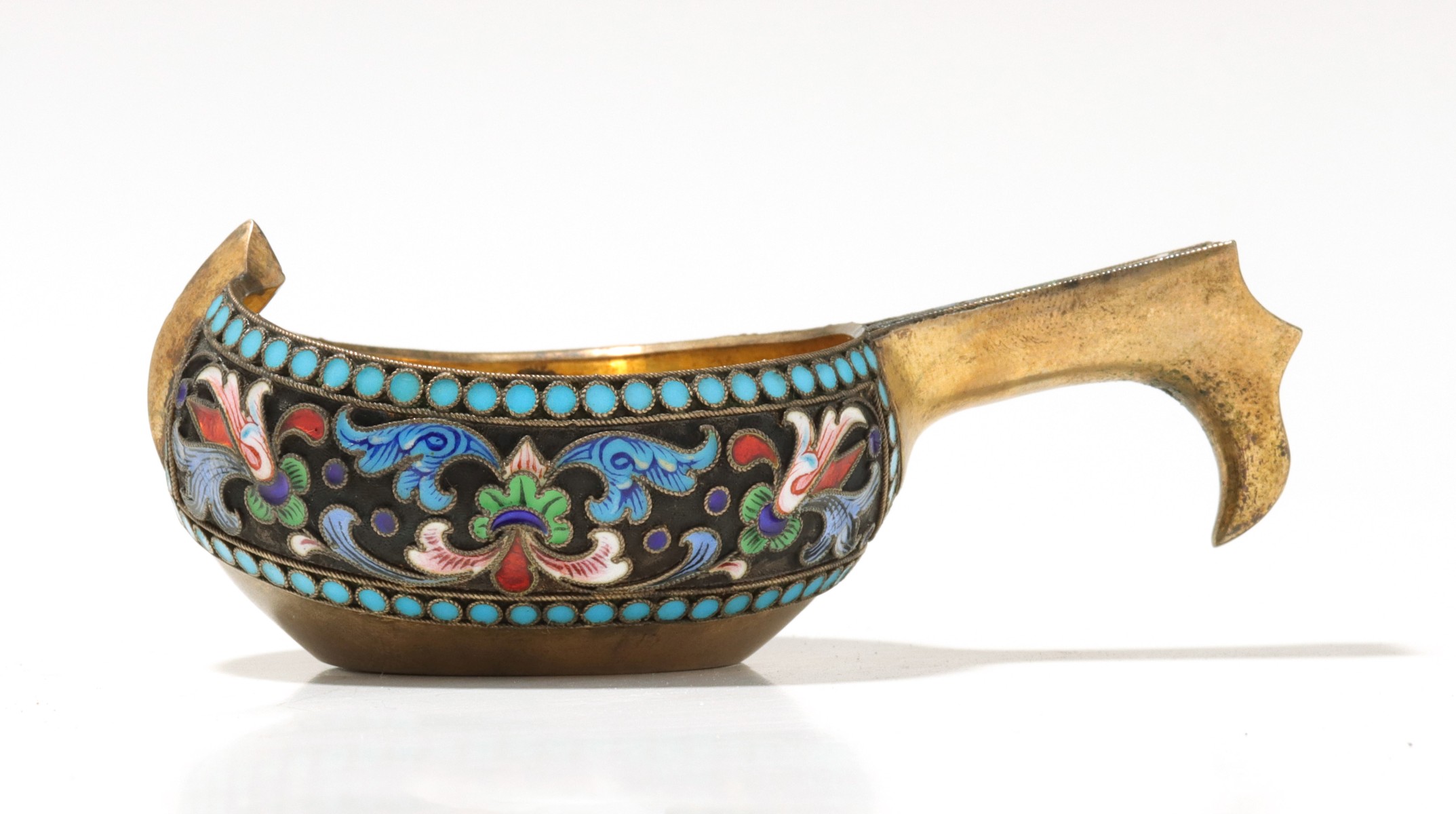 A FINE 1896 RUSSIAN SILVER-GILT AND CLOISONNE KOVSH