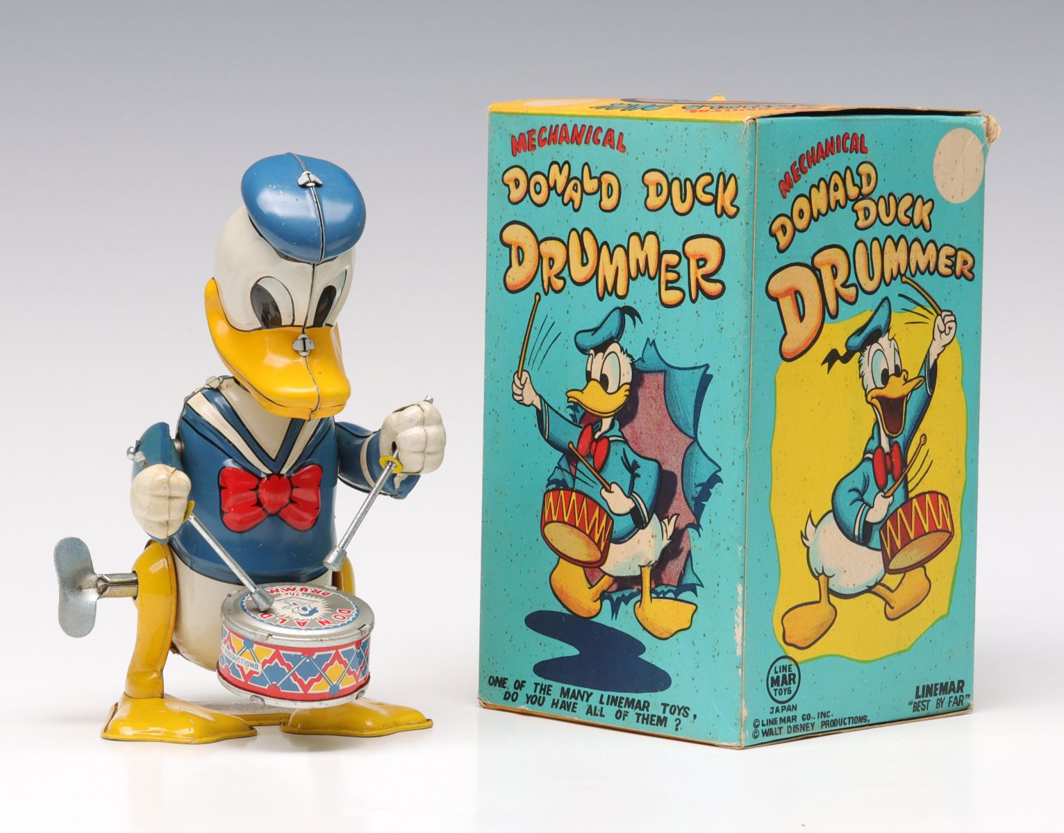 DONALD DUCK DRUMMER TIN WIND-UP TOY IN ORIG BOX