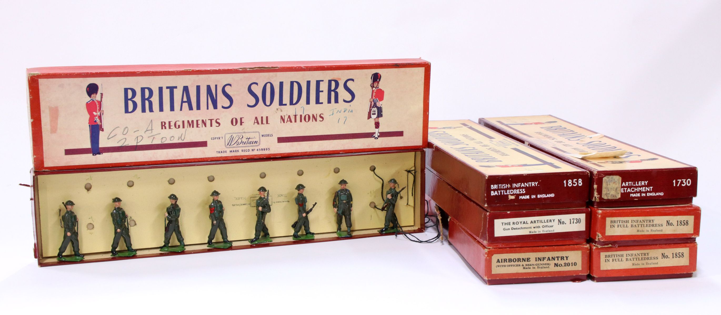 SEVEN SETS OF BRITAINS SOLDIERS WITH R.O.A.N BOXES