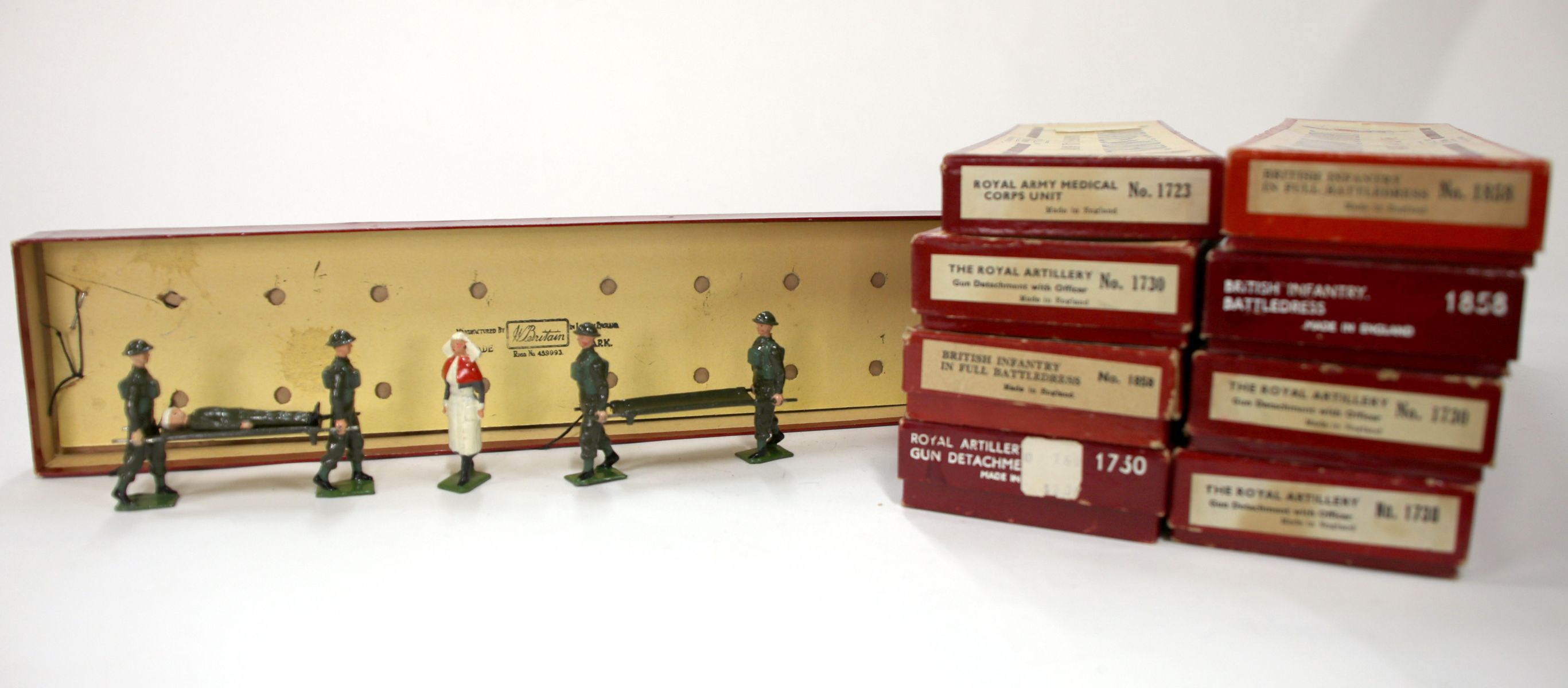 EIGHT SETS OF BRITAINS SOLDIERS WITH R.O.A.N BOXES