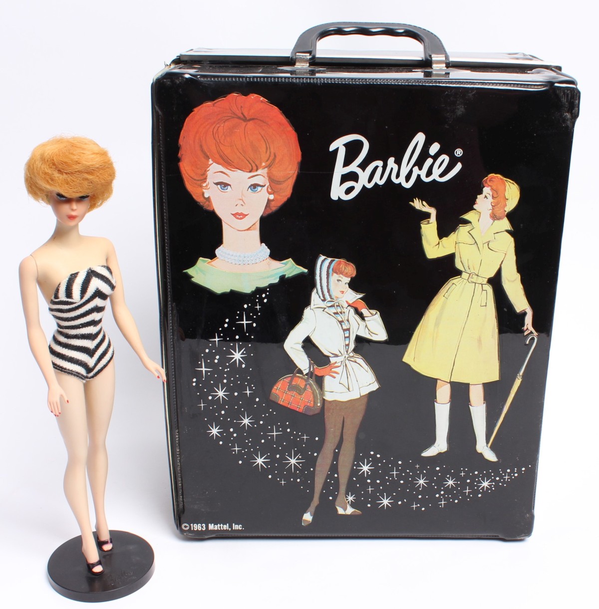 BARBIE DATED 1958 WITH 1963 VINYL CASE & CLOTHING