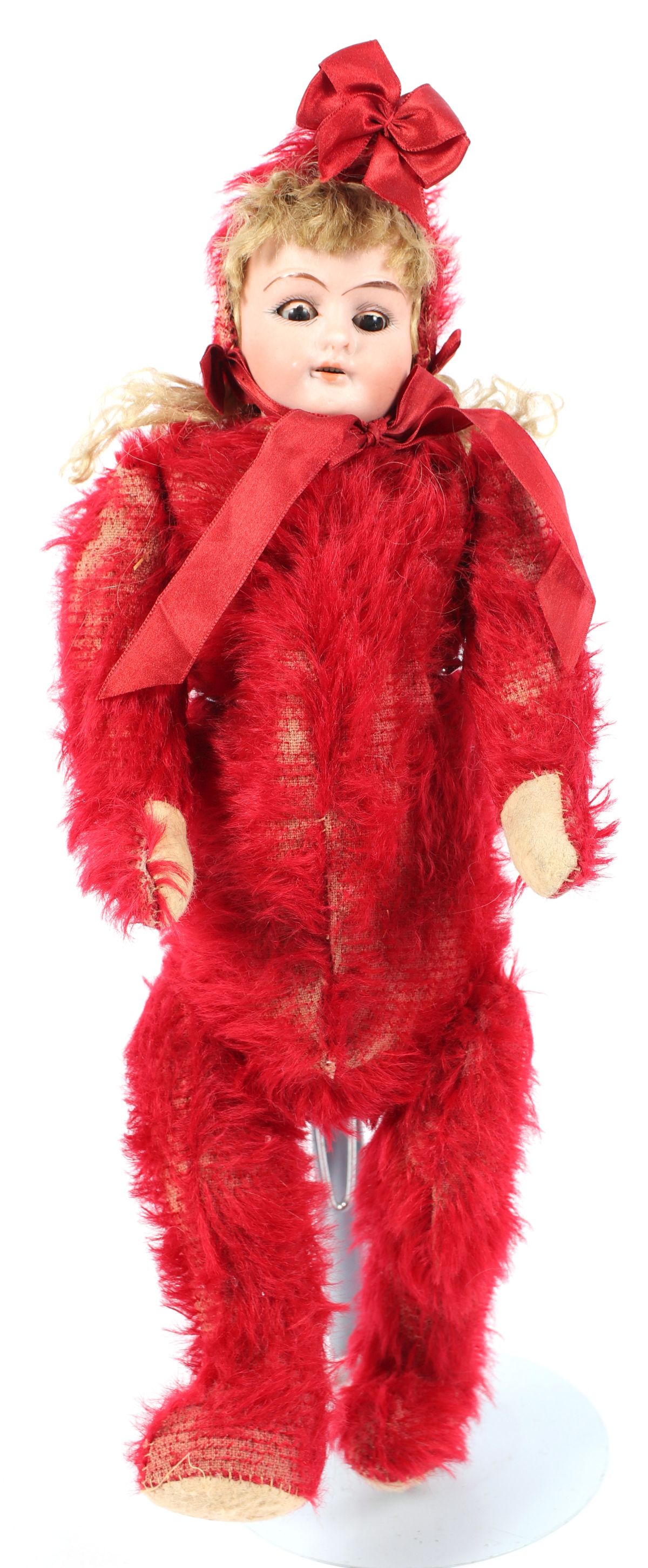 A RED MOHAIR BEAR DOLL WITH GERMAN BISQUE HEAD