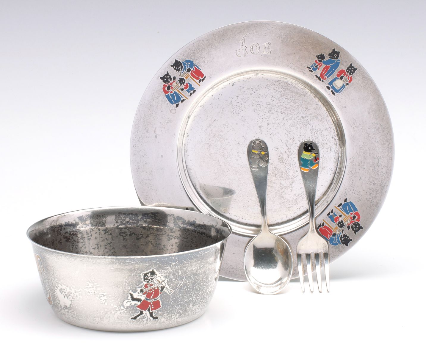 A BARBOUR SILVER ENAMELED STERLING CHILD'S FEEDING SET