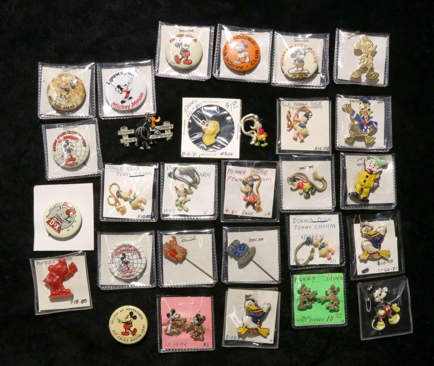 A COLLECTION OLDER DISNEY CHARACTER PIN BACKS & CHARMS