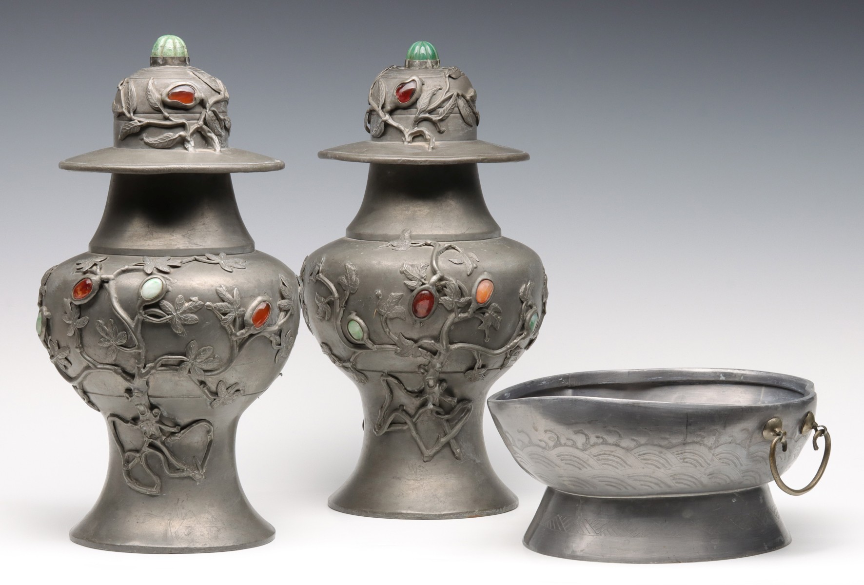 CHINESE PEWTER URNS WITH CARNELIAN AND JADE CABOCHONS