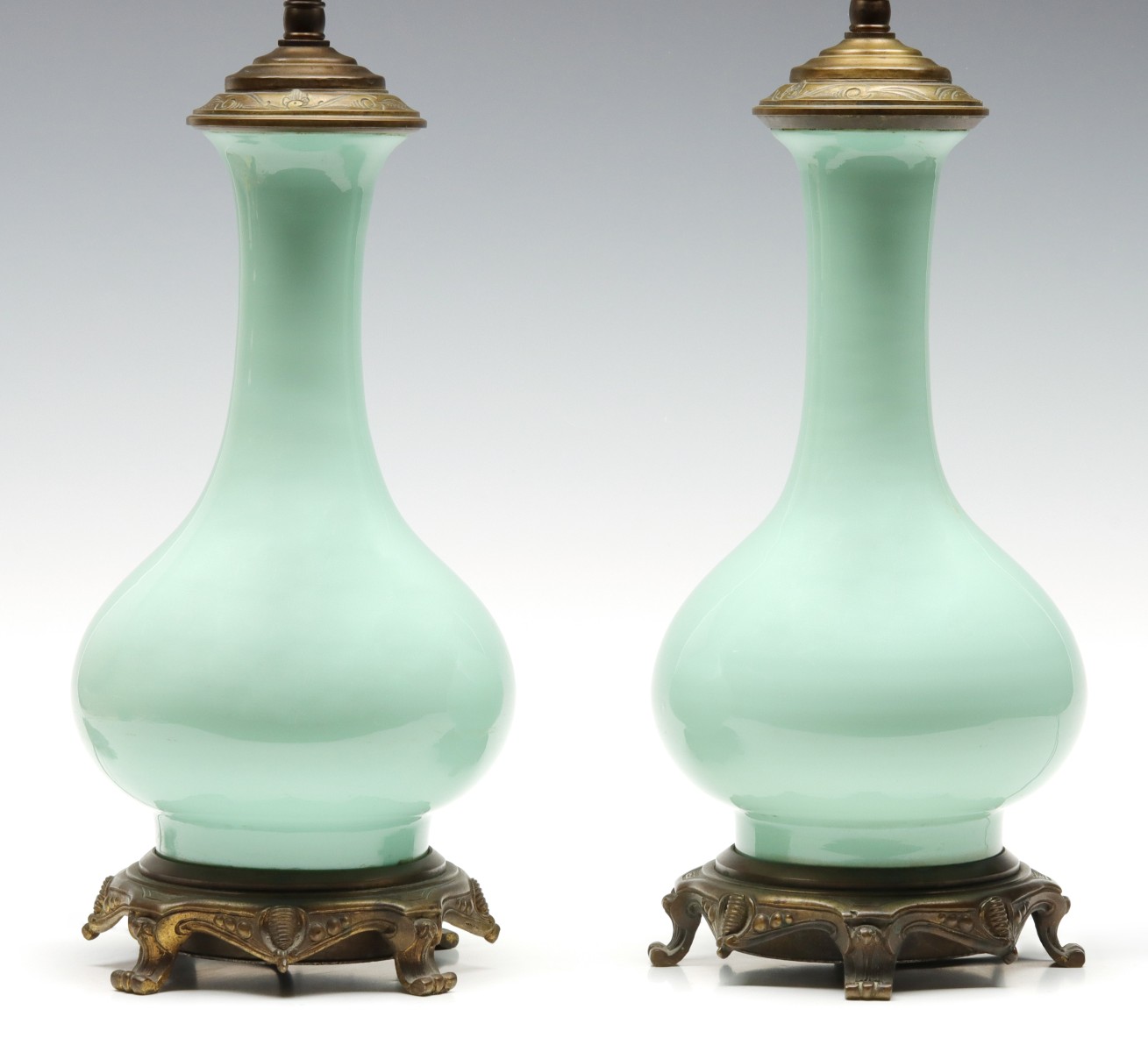 A PAIR EARLY 20TH CENTURY CELADON GLAZE TABLE LAMPS