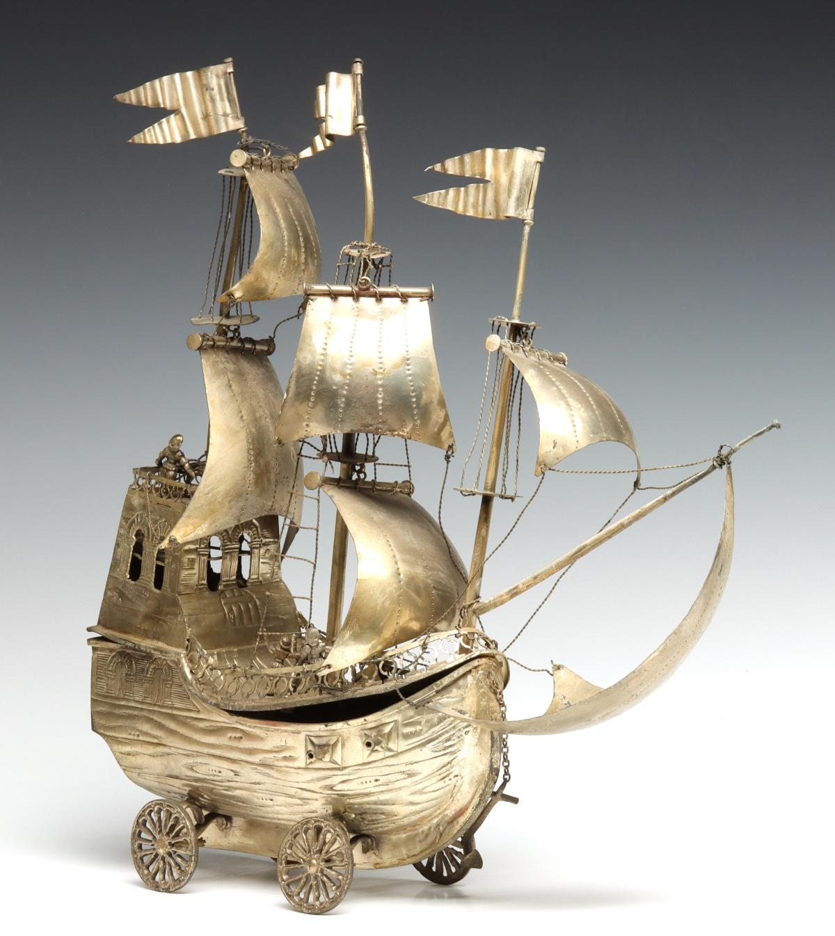 AN EARLY 20TH CENTURY SILVER-PLATED GALLEON NEFF