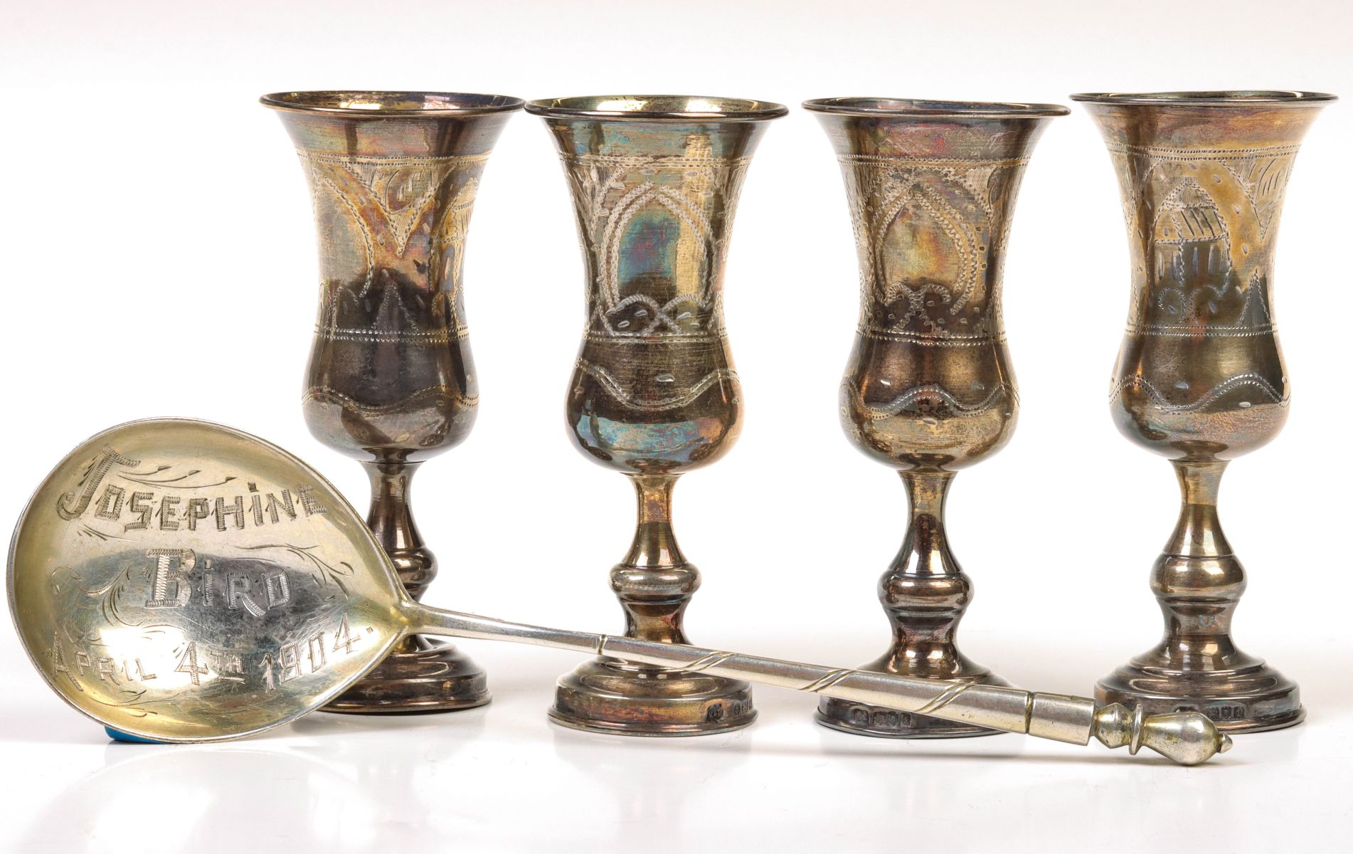LONDON STERLING SILVER KIDDUSH CUPS AND A RUSSIAN SPOON