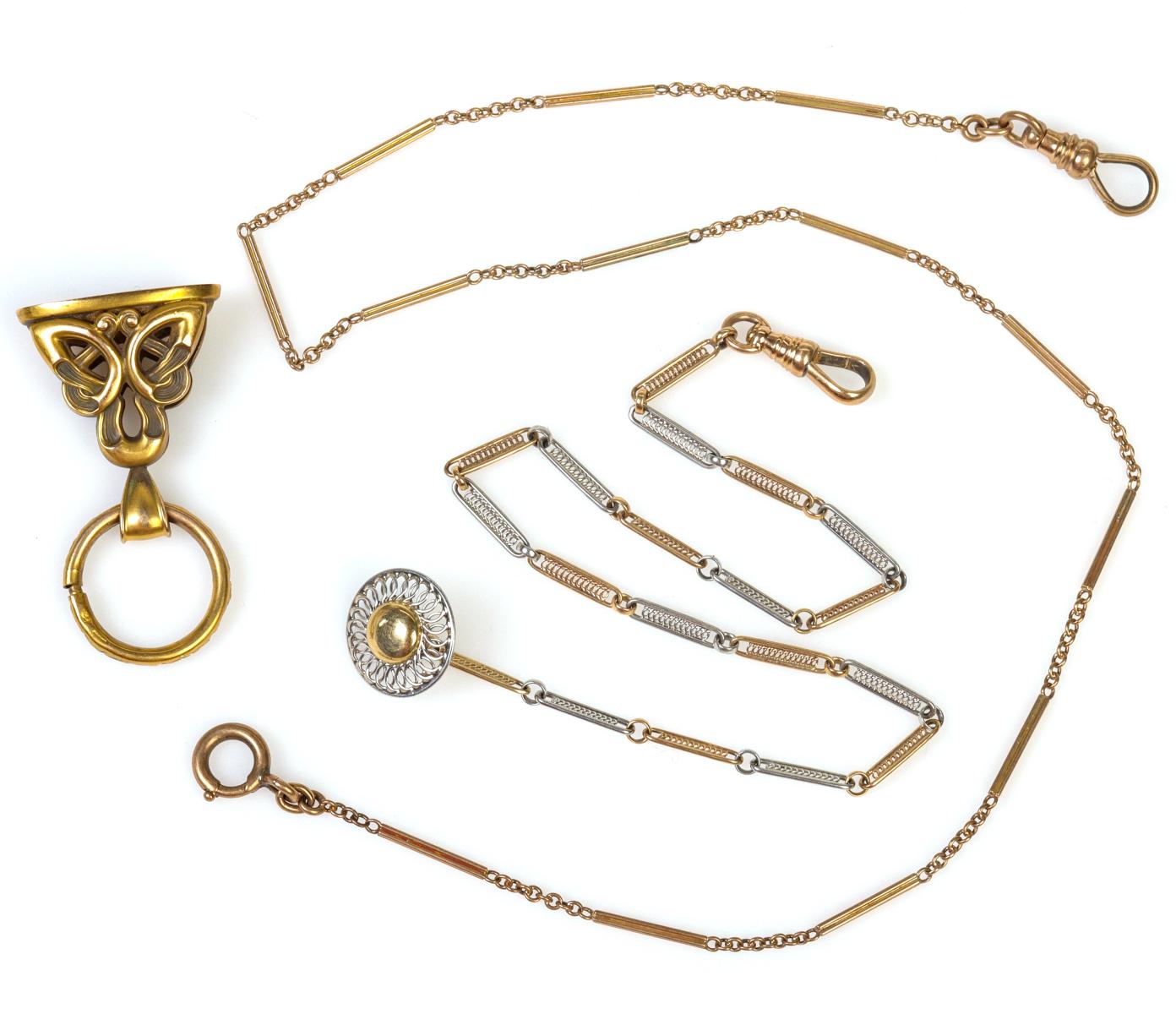 ANTIQUE 14K GOLD WATCH CHAINS AND FOB