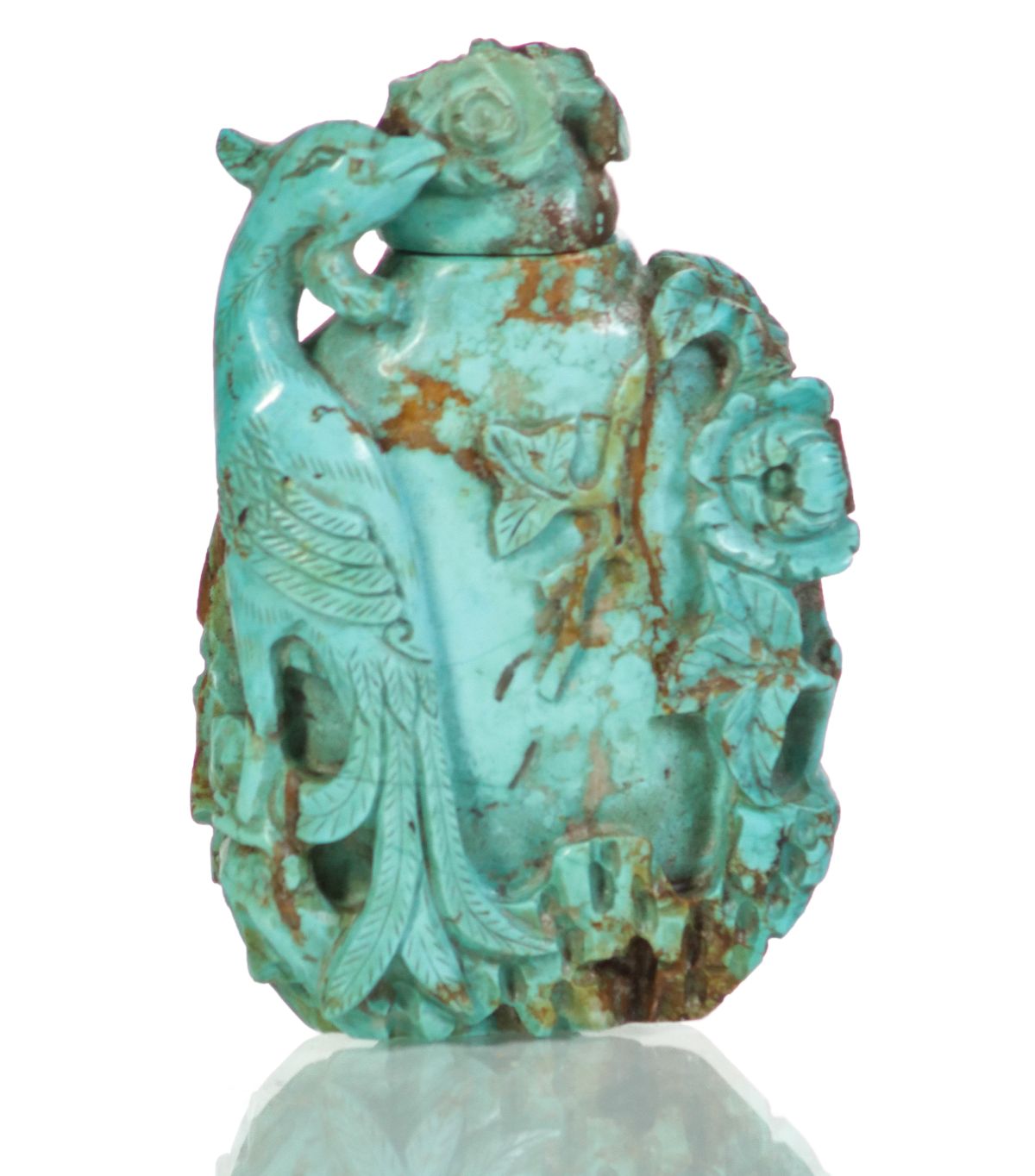 A CHINESE CARVED TURQUOISE SNUFF BOTTLE WITH PHOENIX