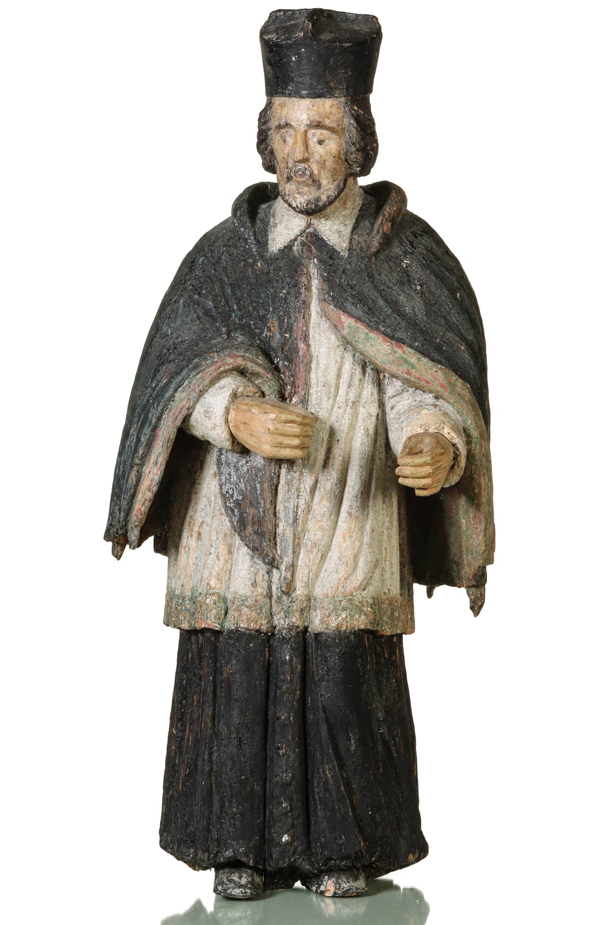 AN 18C. CARVED AND GESSOED FIGURE ST. JOHN NEPOMUCENE